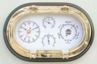 Uhr, Baro-, Thermo- & Hygrometer im ovalen Bullauge auf Holz, 31