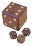 Wuerfel-Box mit 5 Wuerfeln, Holz/Messing, 6x6x6cm