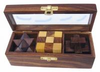 3 Knobelspiele in der Box mit Glasdeckel, Holz, 17,5x6,5x6cm
